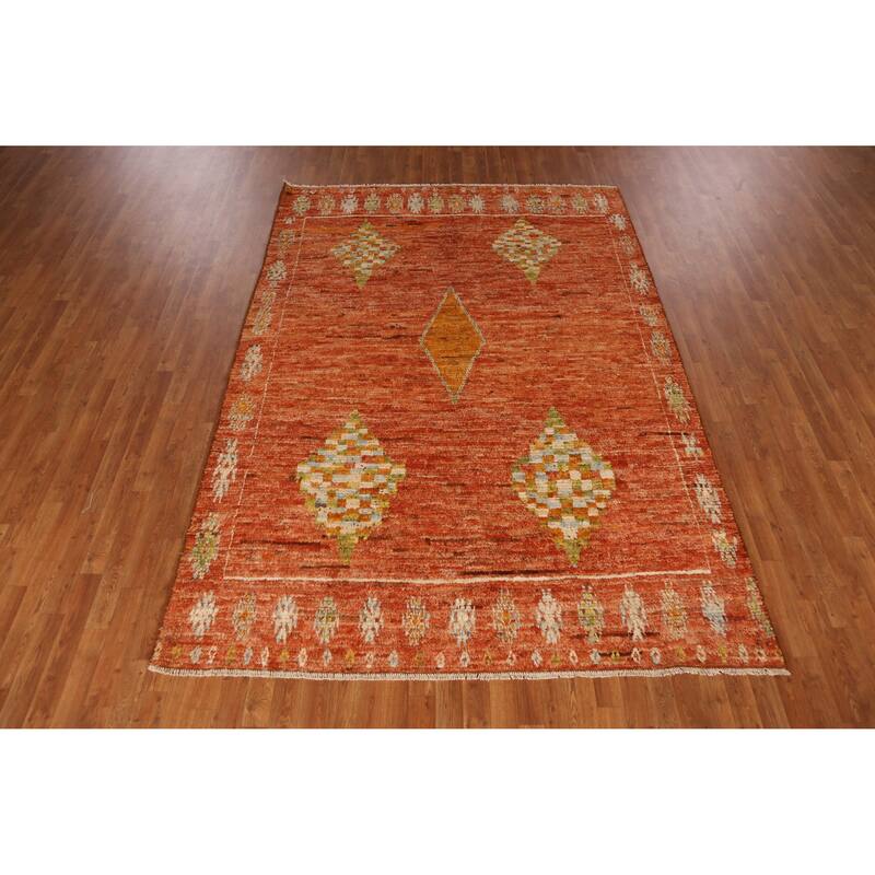 Orange Moroccan Oriental Rug Handmade Tribal Wool Carpet - 6'8" x 9'6"