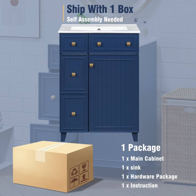 24 Inch Bathroom Vanity Cabinet with Ceramic Sink, 2 Drawers & Door, Bathroom Storage Cabinet Free-standing Single Sink Cabinet