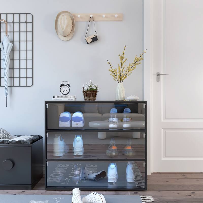 Roomfitters Shoe Storage Cabinet, Modern Glass Door Shoe Box with RGB Light Display for Entryway or Closet