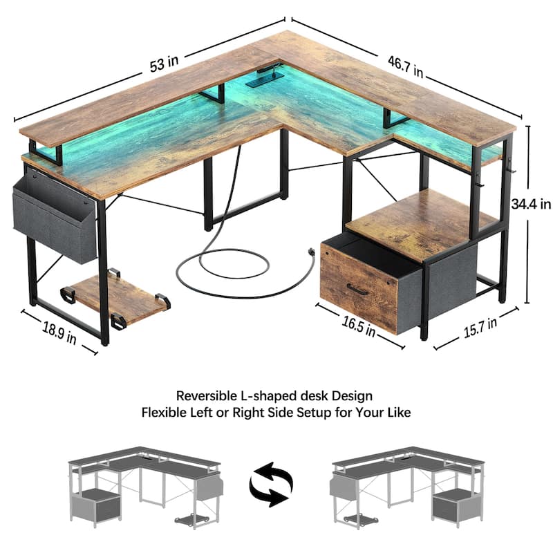 L Shaped Desk with File Drawer and Printer Stand, Reversible Corner Computer Desk with Power Outlet and LED Strip