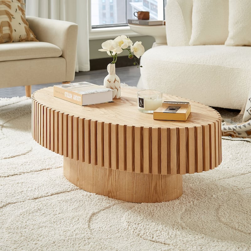 Handcraft Coffee Table Dining Table with Wood Relief, Oval End Table Accent Table with Sturdy Pedestal - Natural Ash