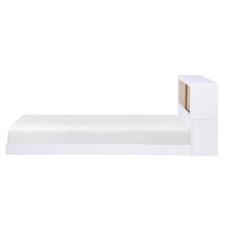 White Twin Bed with Bookcase Headboard, Low Profile Platform, USB Ports, No Mattress Included