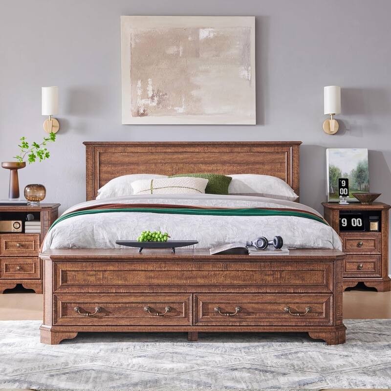 Farmhouse Bed Frame w/ Headboard & Storage Bench, Wood Platform Bed