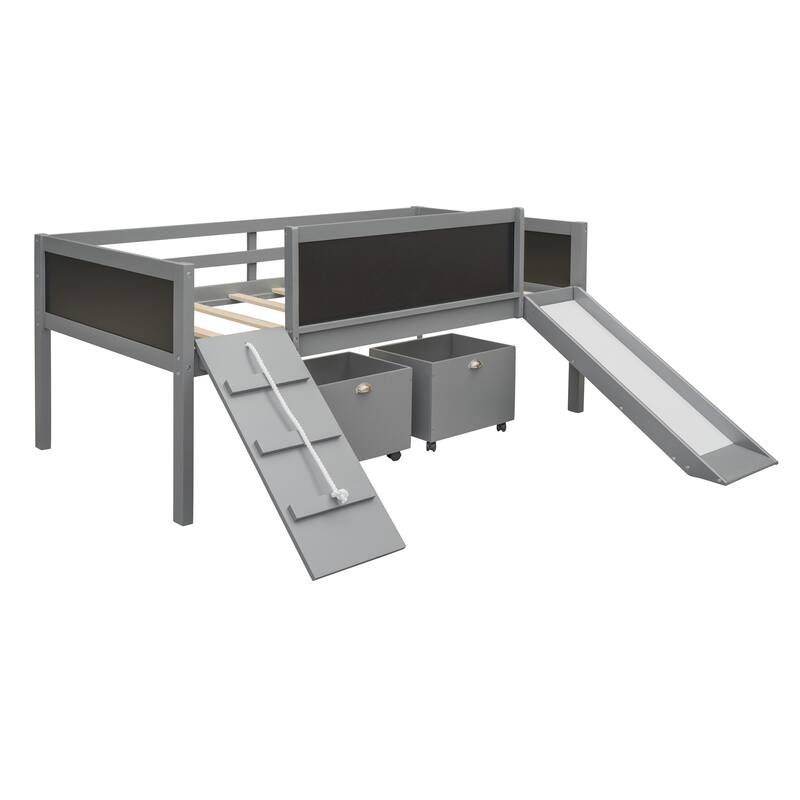 Twin Loft Bed for Kids with Slide, Chalkboards, and Storage Boxes, Grey Wood Frame