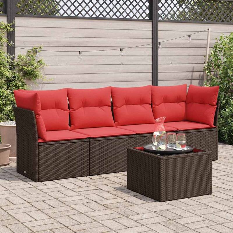 vidaXL 5 Piece Patio Sofa Set with Cushions Brown/Gray Poly Rattan - 24.4 x 24.4 x 27.2 - Brown and red With table