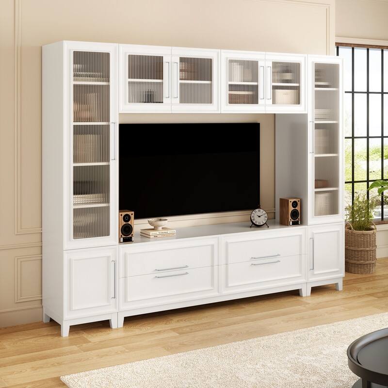 Modern 102" W Wall Unit Entertainment Center for TVs up to 75", Large Media TV Console with Glass Doors and Drawers
