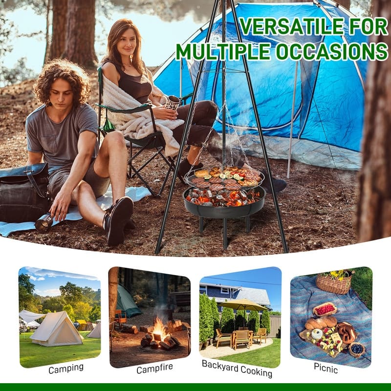 Campfire Tripod Grill Adjustable Height BBQ Grill Grate With Fire Bowl