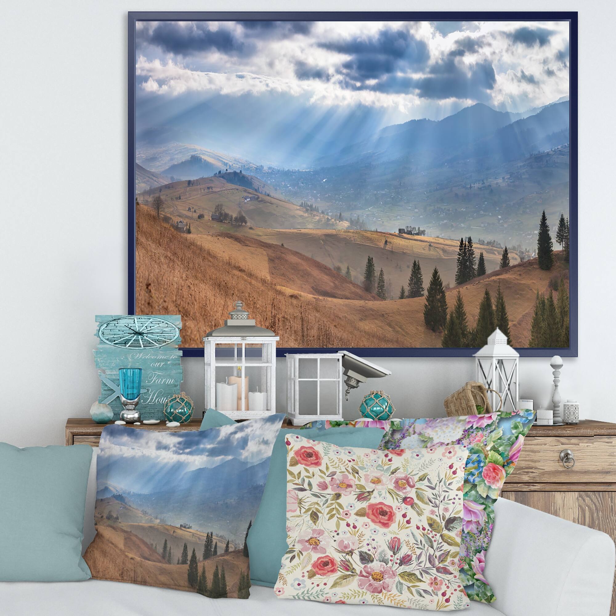 Designart "Beautiful Mountain Village View" Large Landscape Framed