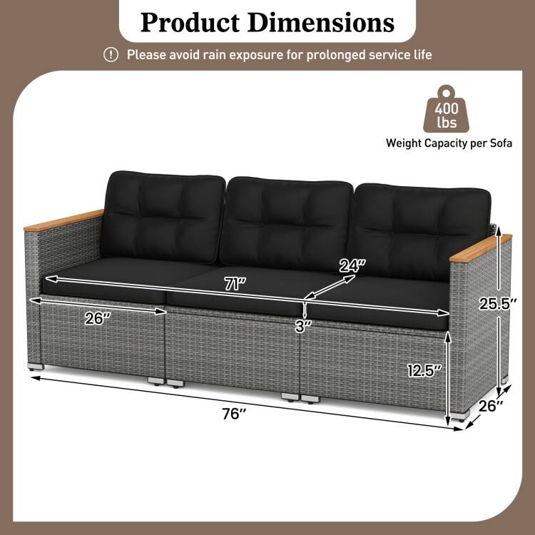 Mix Grey PE Rattan 3-Seater Outdoor Sofa with Black Cushions - 26" x 76" x 25.5"