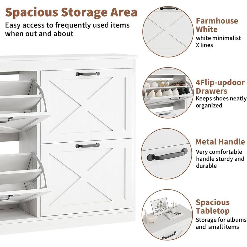 4 Turn Drawers Rattan Entryway Shoe Storage Cabinet, Freestanding Organizer, White
