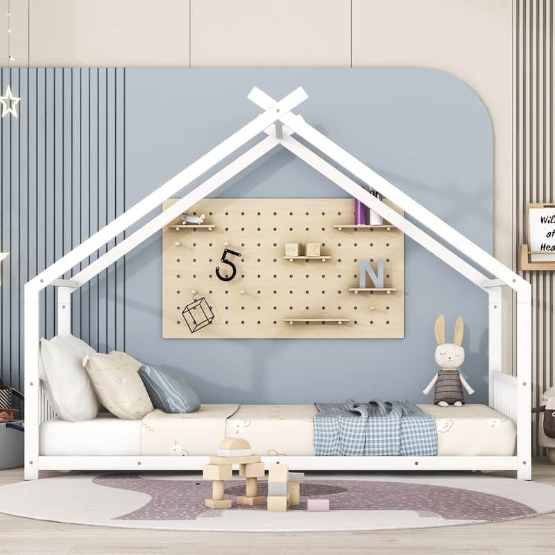 Twin Size Metal House Bed with Roof in Black, White, or Pink