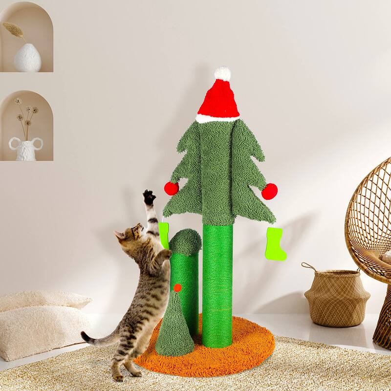 CUSchoice 32" Christmas Tree Cat Scratcher with 3 Posts & Teaser Balls - 32'