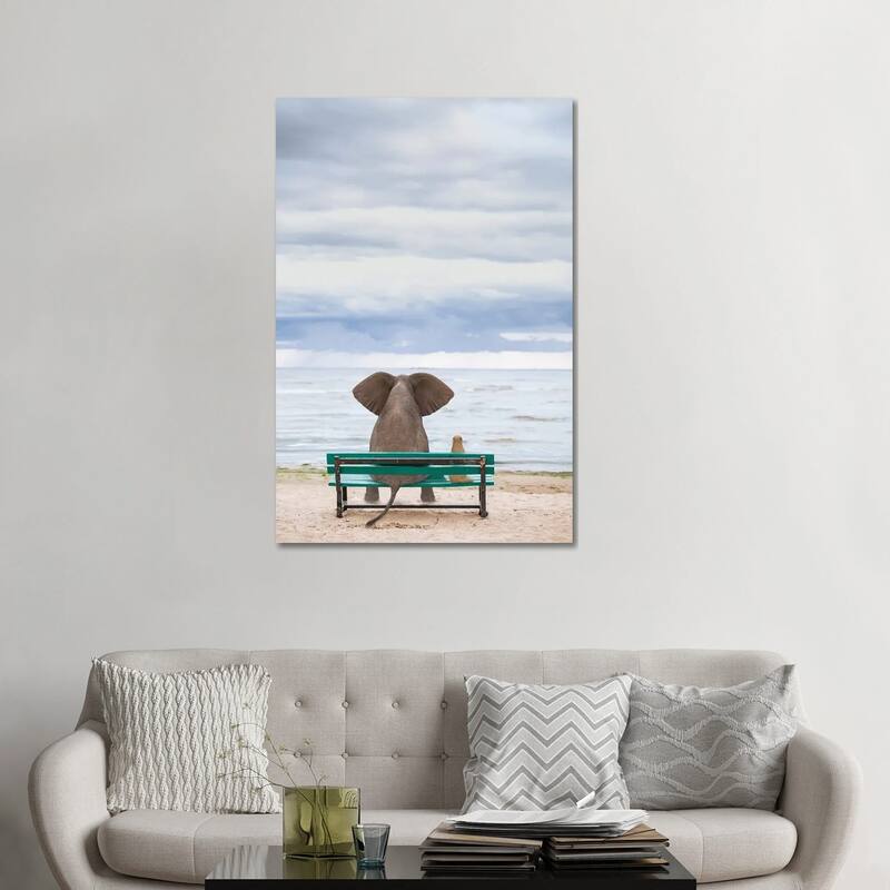 iCanvas "Elephant And Dog Sit On A Bench By The Sea II" by Mike Kiev Canvas Print - 48x32x1.5
