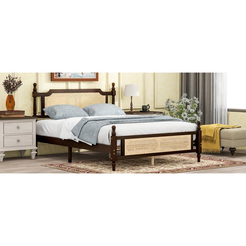 Roomfitters Queen Pine Wood Bed Frame with Rattan Headboard and Footboard, Central Reinforced Platform Support