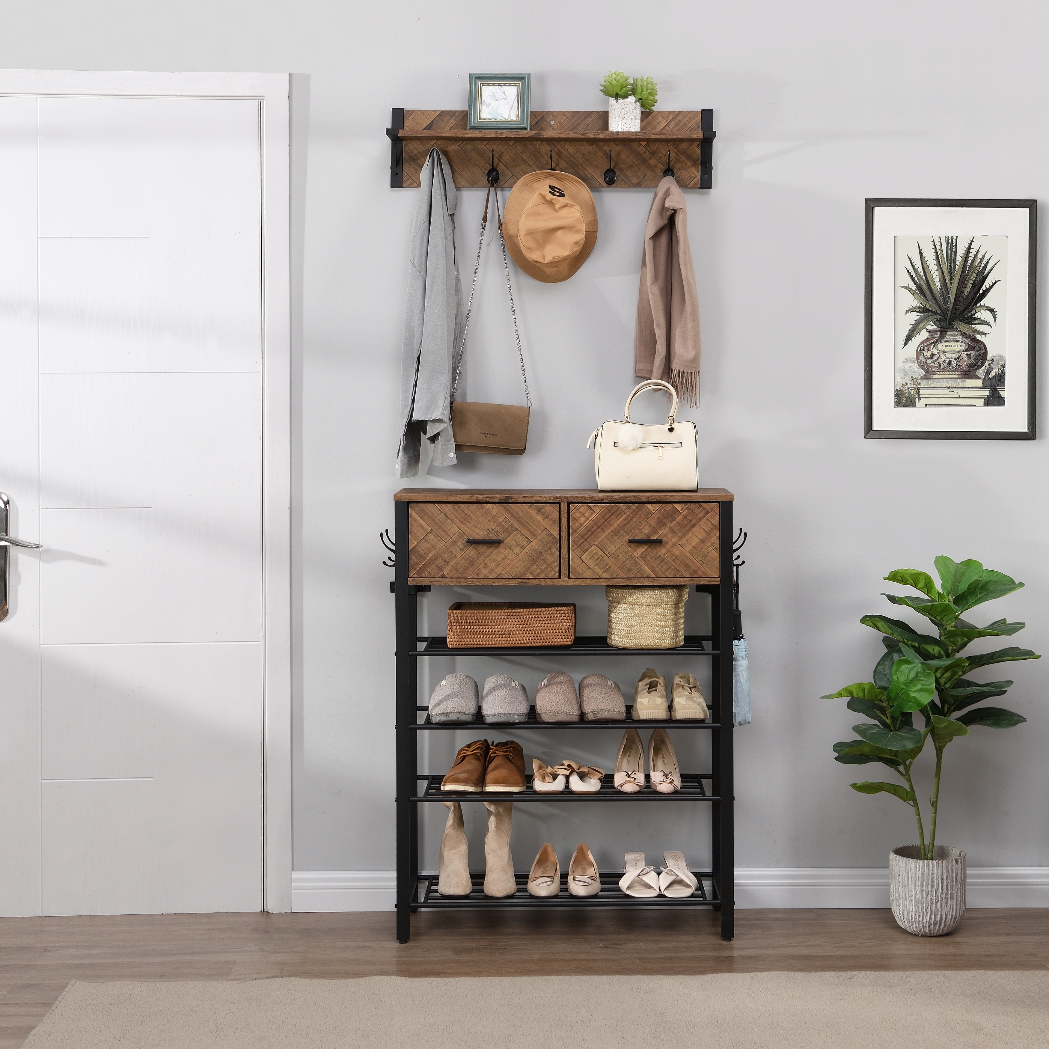 Metal Shoe Rack with Coat Rack Industrial 4 Tier Shoe Storage