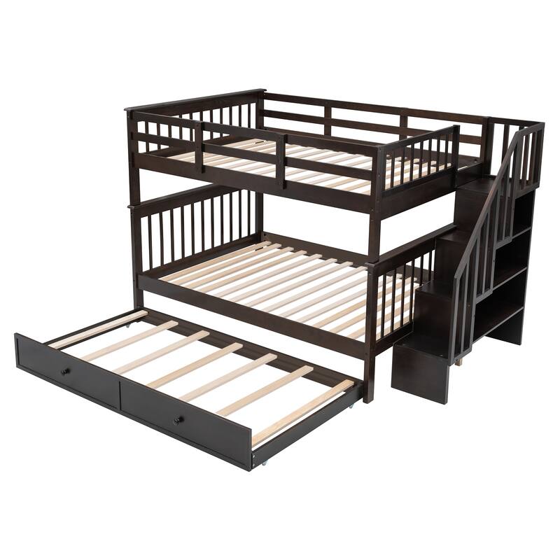 Full-Over-Full Bunk Bed with Twin Trundle, Storage, and Guard Rail in Espresso Finish