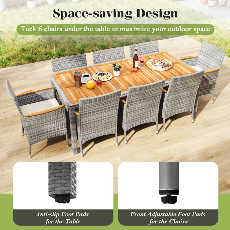 Gymax 9 Pieces Patio PE Wicker Dining Set Outdoor Acacia Wood Table &