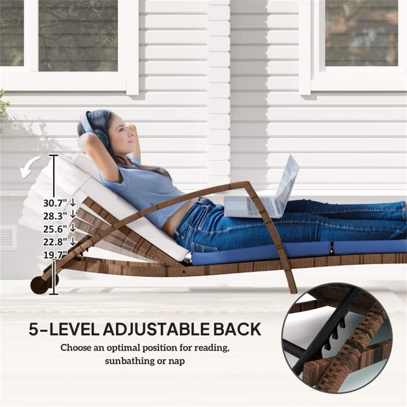 2-Piece Outdoor Rattan Adjustable Backrest Sun Lounger Set with Cushions and Wheels Included - 72.8" L x 28.3" W x 30.7" H