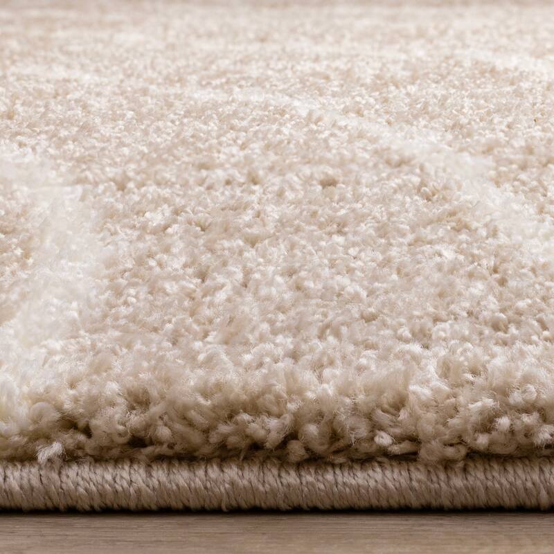 Taupe Cream Curved Lines Shag Living Rug