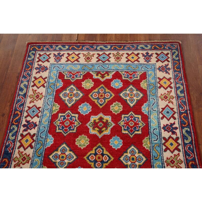 Kazak Accent Rug Hand-Knotted Geometric Red Wool Carpet - 2'8" x 4'1"