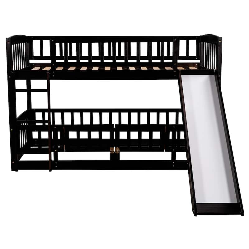 Solid Pinewood Floor Bunk Bed Frame with Slide and Ladder, Twin/Full Size Low Bunk Bed with Fence and Door for Kids Teens