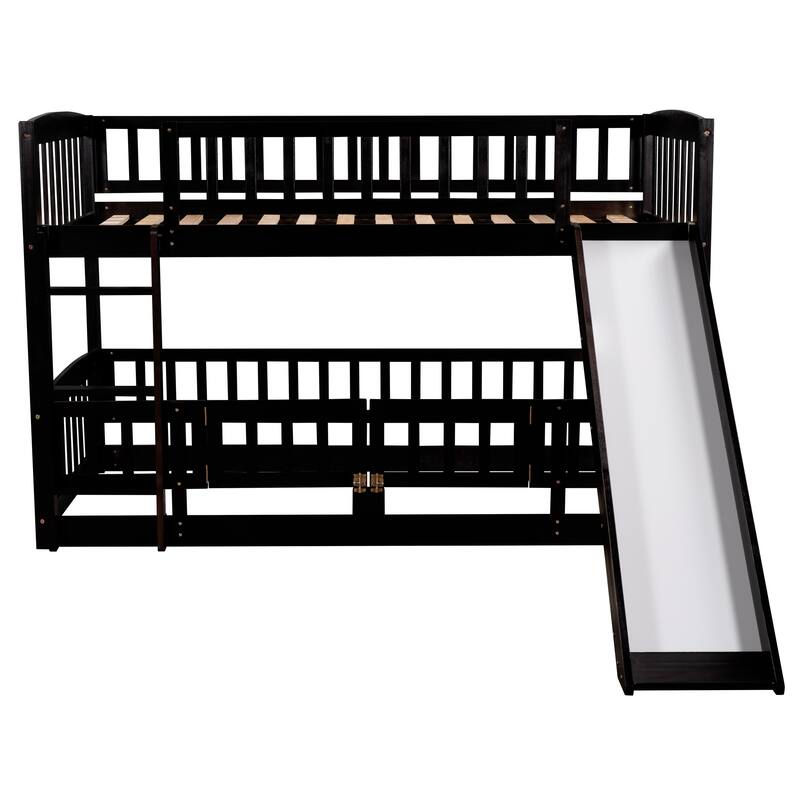 Twin-Over-Twin Bunk Bed with Slide Ladder & Slide, Solid Wood Low Bunkbed Frame w/Guardrail for Kids Teens, No Box Spring Needed