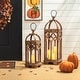 preview thumbnail 49 of 52, Glitzhome Set of 2 Wooden Church Style Decorative Lanterns Candle Holders for Wedding Mantle Entryway Brown