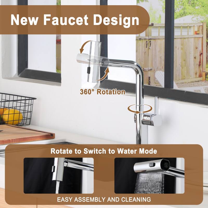 Single Handle Pull Out Sprayer Kitchen Faucet with 3 Functions Spray, 360° swivel