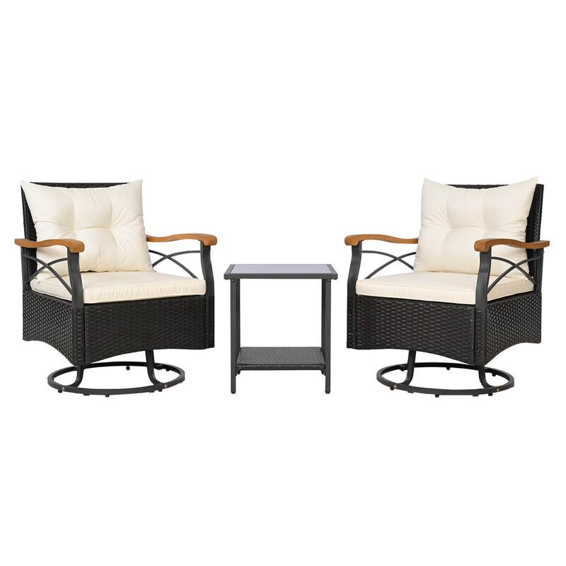 Costway 3 PCS Outdoor Swivel Chair Set with 2-Tier Tempered Glass Side - See Details - Off-White