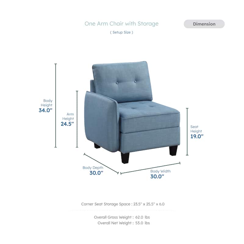 Dorian 30" Textured Fabric with One Arm Chair - Storage, Button-Tufted