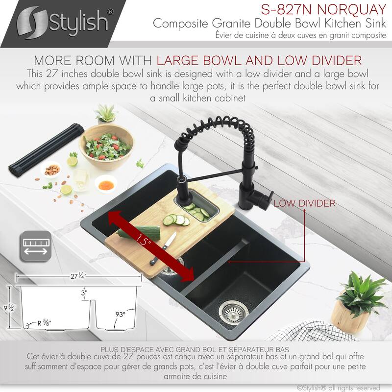 STYLISH 27 inches L x 18 inches W Double Bowl 60/40 Dual Mount Composite Granite Kitchen Sink - 27" x 18" x 9.5"