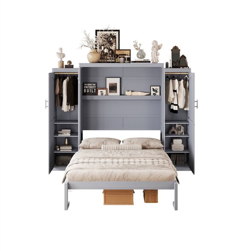 Wooden Murphy Bed Wall Bed with 2 Bulit-in Wardrobes, Full/Queen Size Foldable Murphy Cabinet Bed with Storage Shelves