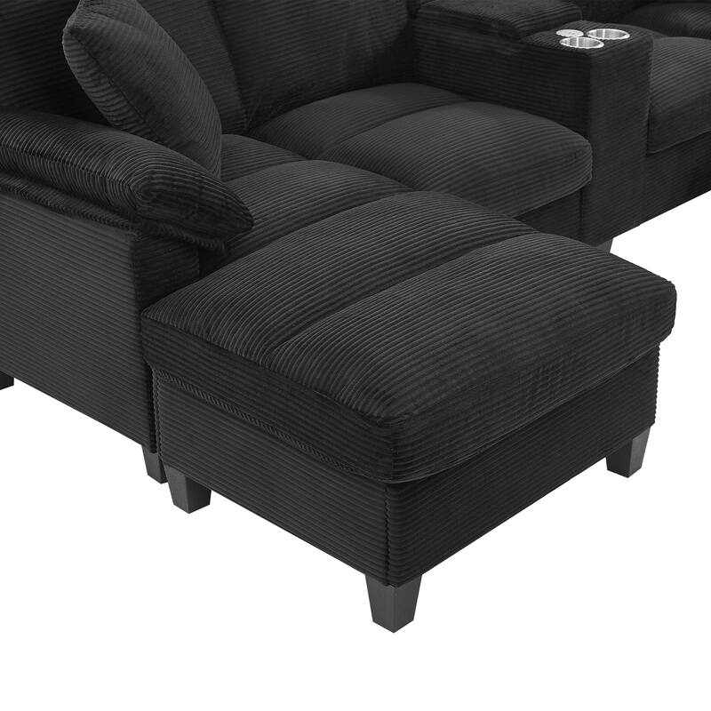 Corduroy Upholstered 4 Seat Sofa, U-shaped Sectional Sofa with Movable Storage Ottomans, Console, Cup Holders and USB Ports