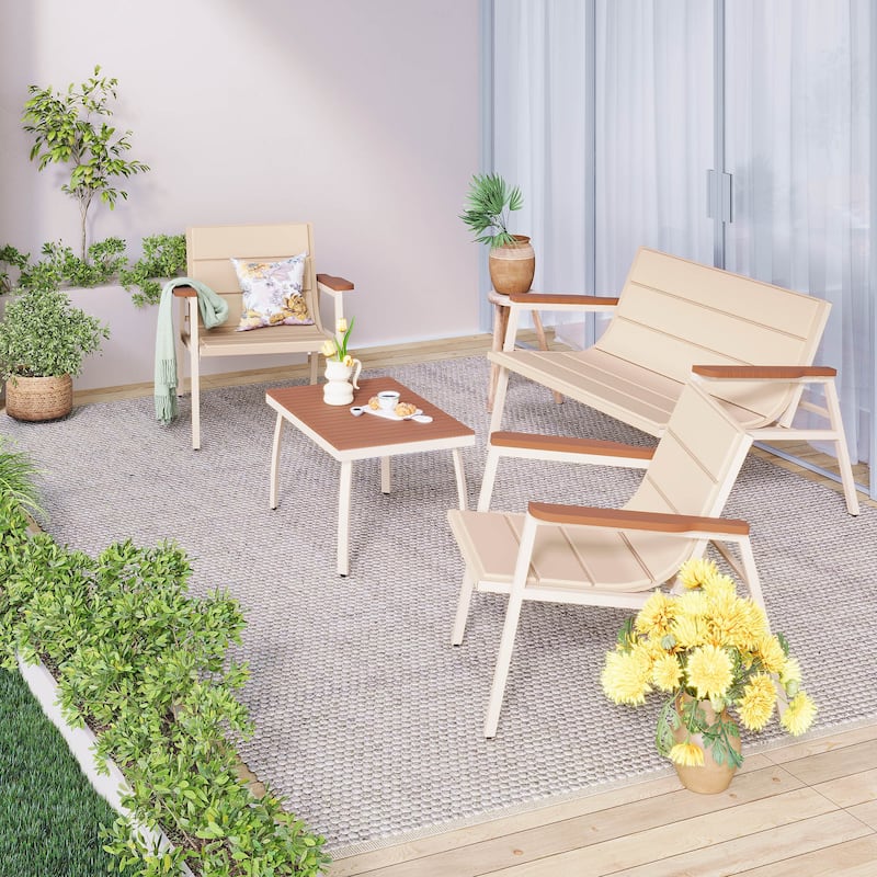 Outdoor Patio Furniture Set 4 Pieces Patio Conversation Sets with Padded Suspended Cushion for Lawn Backyard Balcony, Beige - Beige