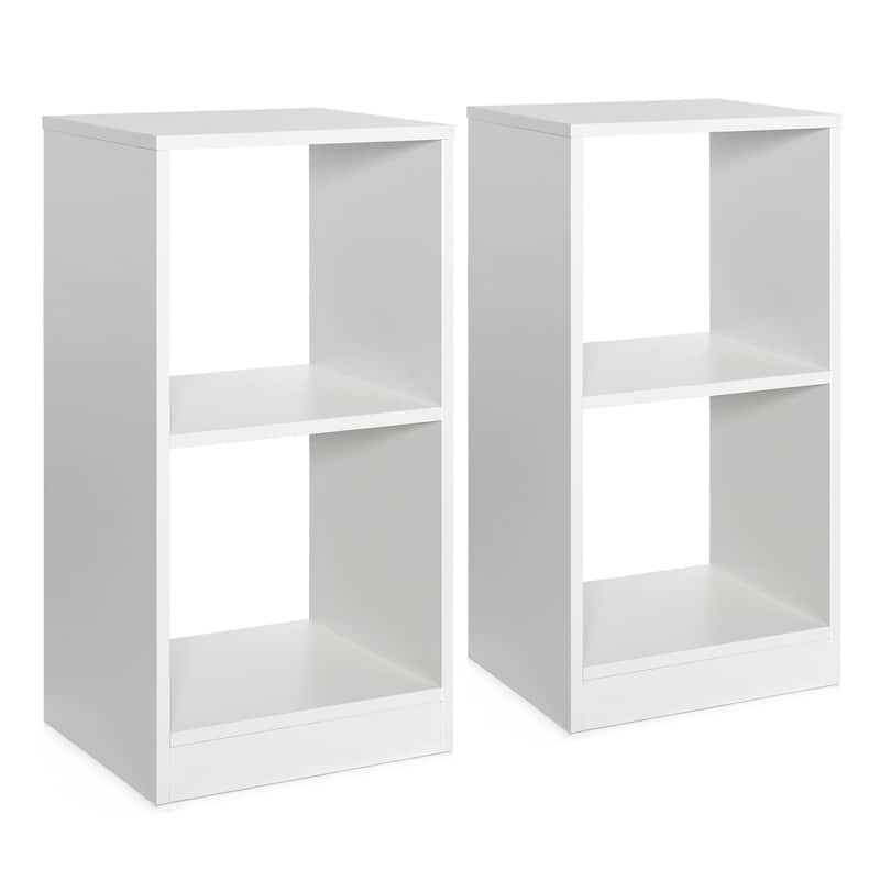 Modern Small Wooden White 2-Piece Storage Bookshelf Set with Cubes for Bedroom or Living Room - 15" x 13" x 29" (L x W x H)