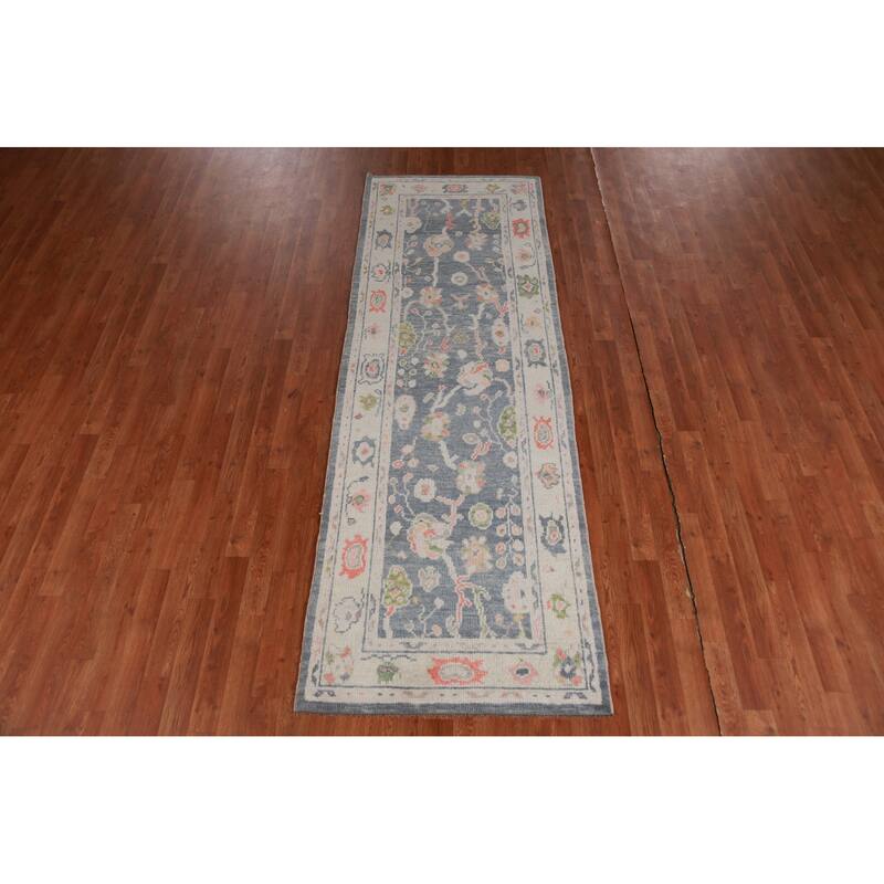Hand Knotted Oriental 100% Wool Carpet Transitional Floral Navy Blue & Blues Oushak Runner Rug - 8' 10'' X 3' 0''