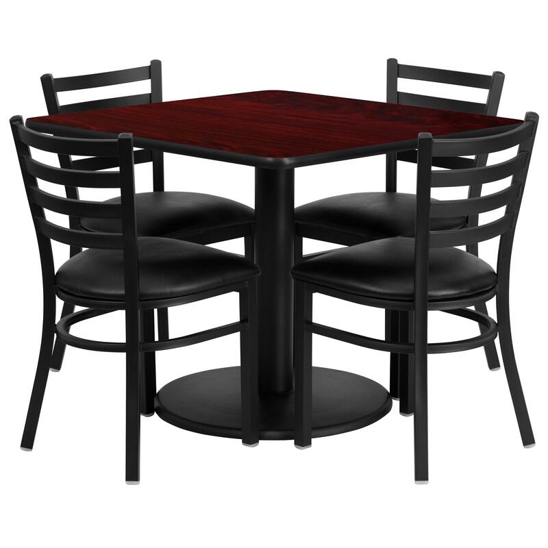 36'' Square Laminate Table Set with Round Base and 4 Ladder Back Metal Chairs - mahogany top/black vinyl seat