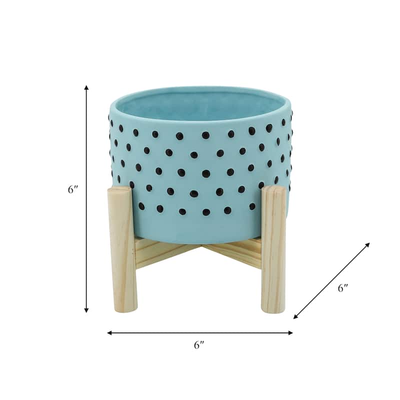 Sagebrook Home Ceramic Planter on Wooden Stand Contemporary Coastal Blue and Black Dotted Design Indoor or Outdoor