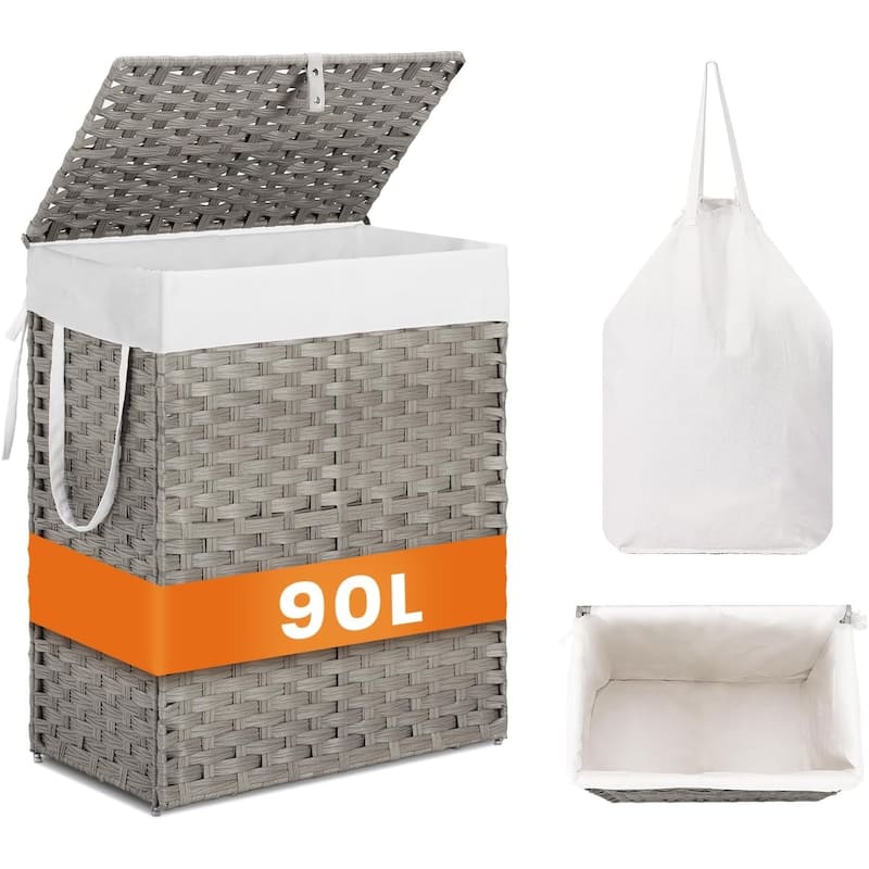 Laundry Hamper with Lid, Synthetic Rattan Clothes Laundry Basket with Lid and Handles, Foldable, Removable Liner