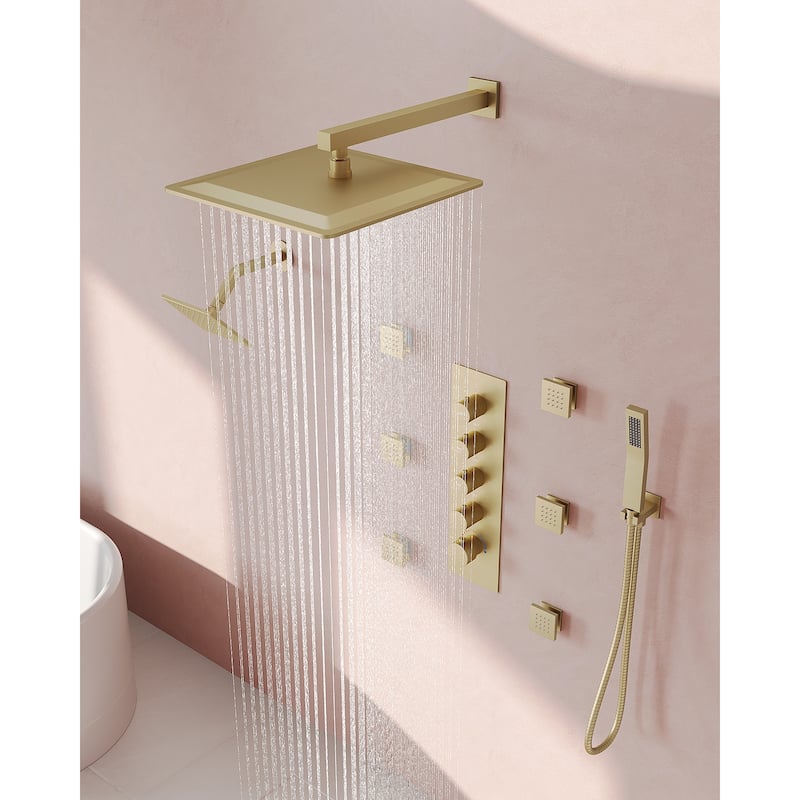 GRANDJOY Shower System Dual Shower Heads 16" and 6" Wall Mounted High Pressure Handheld Spray 6 Body Jets Thermostatic