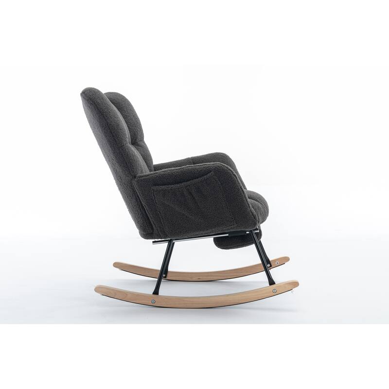 High Backrest Nursery Rocking Chair, Teddy Upholstered Glider Chair with Footrest, Recliner Chair with Solid Wood Legs