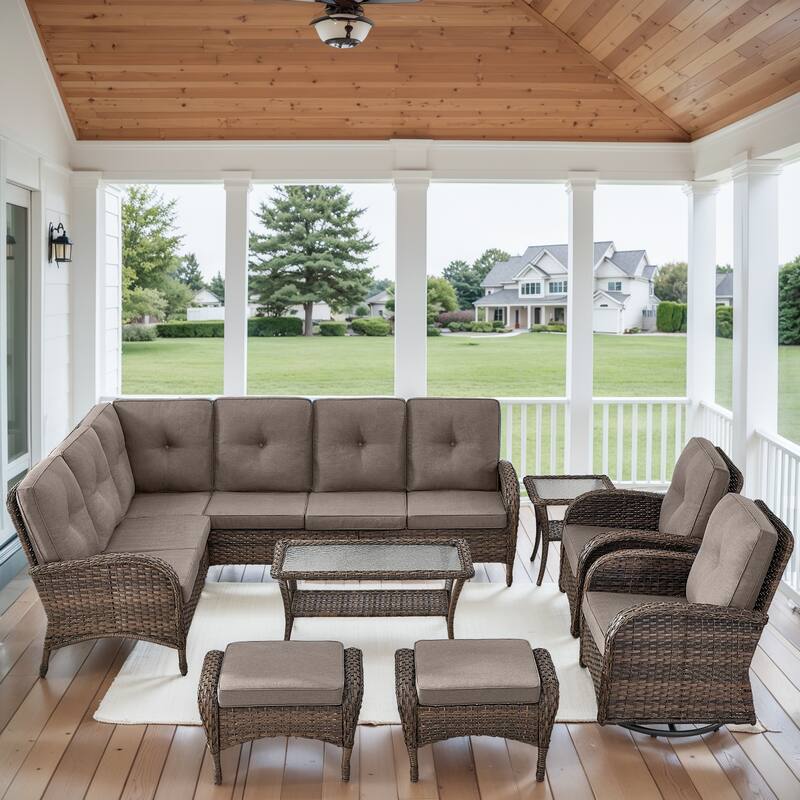 Patio Sectional Sofa with Swivel Chairs Ottomans Set - Brown - Grey
