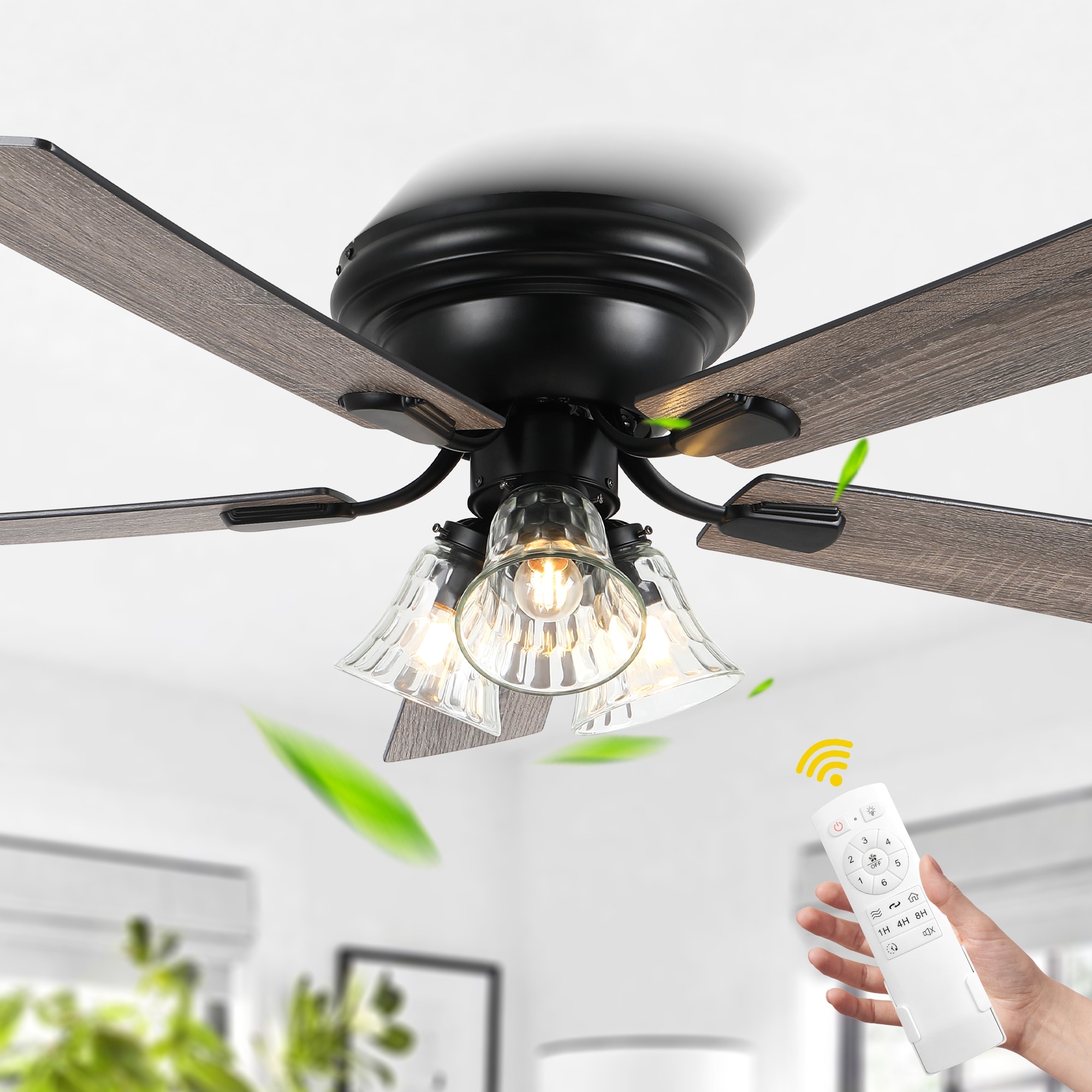 Bella Depot 52"/60" Black Farmhouse Flush Mount Ceiling Fan with Light and Remote 6-Speed Fan for Bedroom Living Room