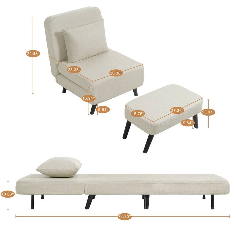 3 in 1 Foldable Chaise Lounge with Adjustable Backrest, Footrest & Detachable Pillow