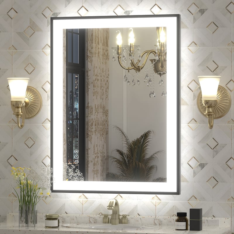 Front & Back LED Anti-Fog Tempered Glass Framed Bathroom/Vanity Mirror 3-Year Warranty - 32" x 24"-Square Corner - Black