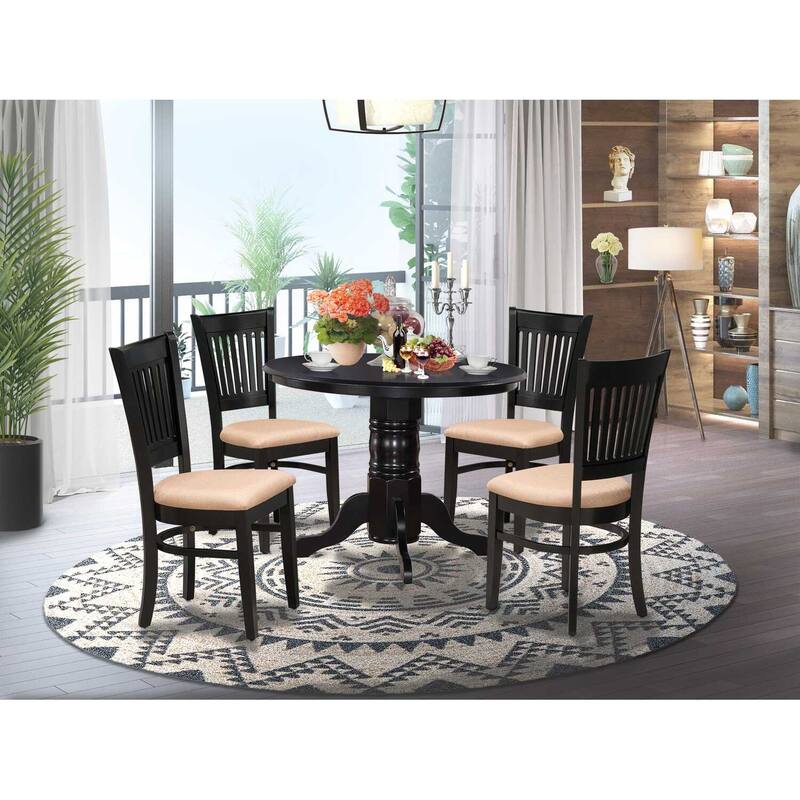 HomeStock 5-Piece Round Black Finish Solid Wood Top Dining table with 4 Chairs with Slat Back