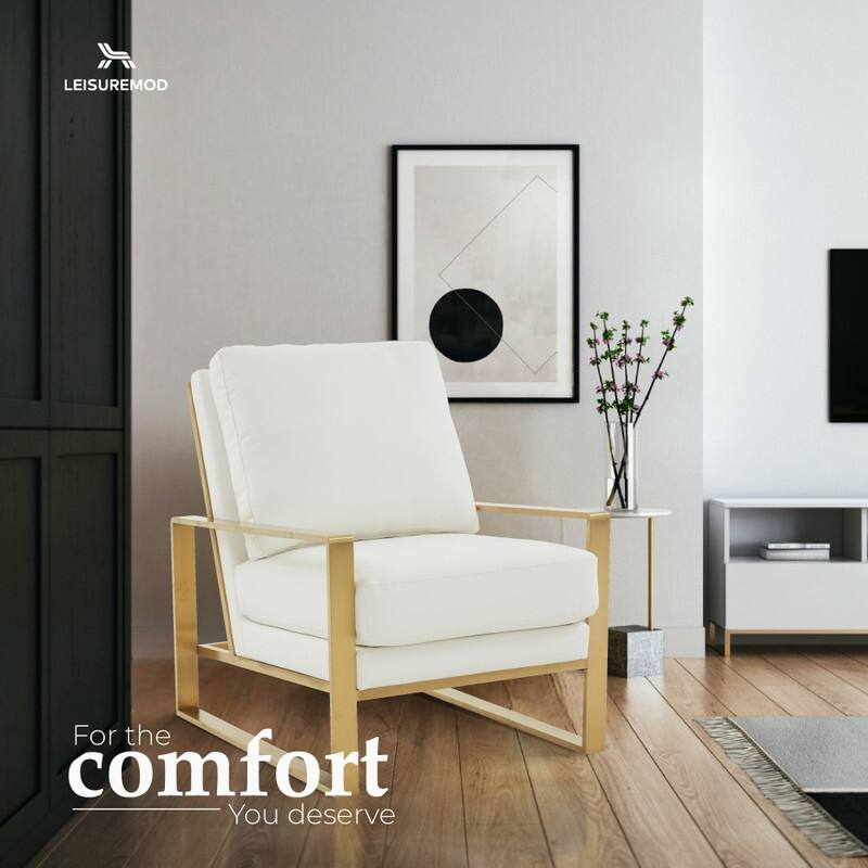Jefferson Contemporary Leather Accent Armchair with Brushed Gold Base, Removable Cushions, and Durable Spring-Supported Seat