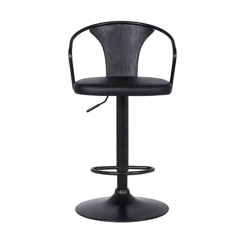 Black Faux Leather Adjustable Swivel Bar Stool with Iron Frame and Footrest - 19” x 20” x 43” (D x W x H)