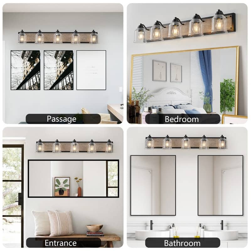 Farmhouse Vanity Sconce with Seeded Glass – Black/Wood Finish for Bathrooms (Bulbs Not Included)‌