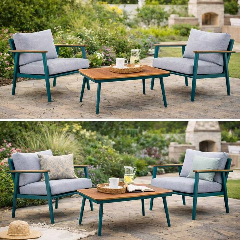 3 Piece Outdoor Coffee Table and Chairs Set, Wood Planks, Gray, Green